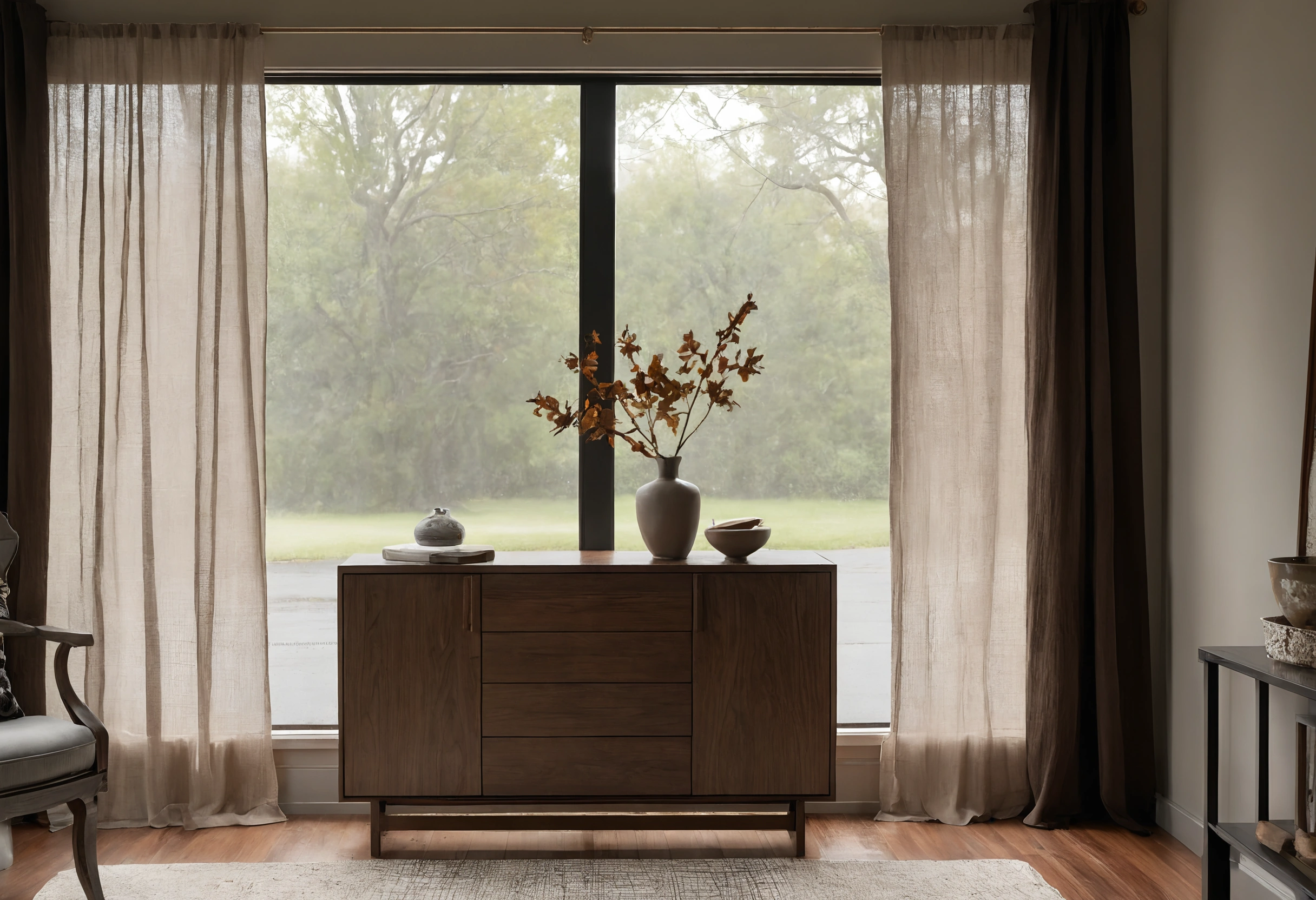 Walnut sideboard with ceramic vases in front of a large window during rain