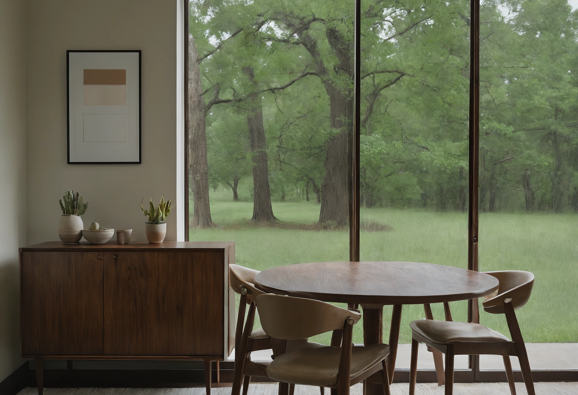 Round walnut dining table with bentwood chairs and a walnut cabinet beside a window onto wet woodland